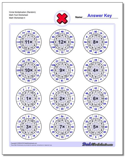 Circle Multiplication (Random) Math Fact Worksheet