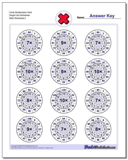 Circle Multiplication Hard Single Fact Worksheet www.dadsworksheets.com/worksheets/multiplication.html