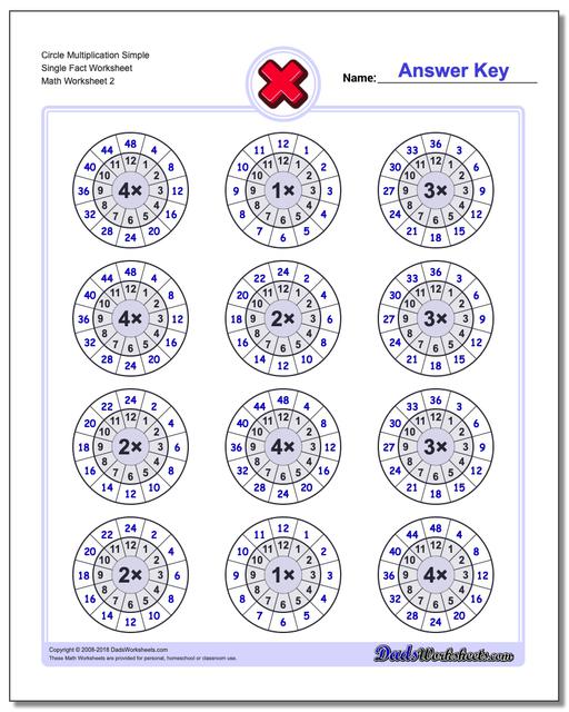 Circle Multiplication Simple Single Fact Worksheet www.dadsworksheets.com/worksheets/multiplication.html