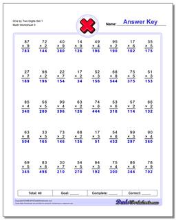 One by Two Digits Set 1 Worksheet