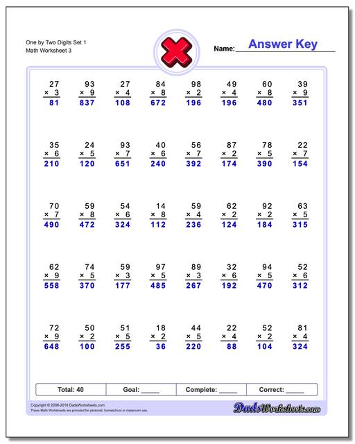 One by Two Digits Set 1 Worksheet