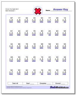 One by Two Digits Set 2 Multiplication Worksheet