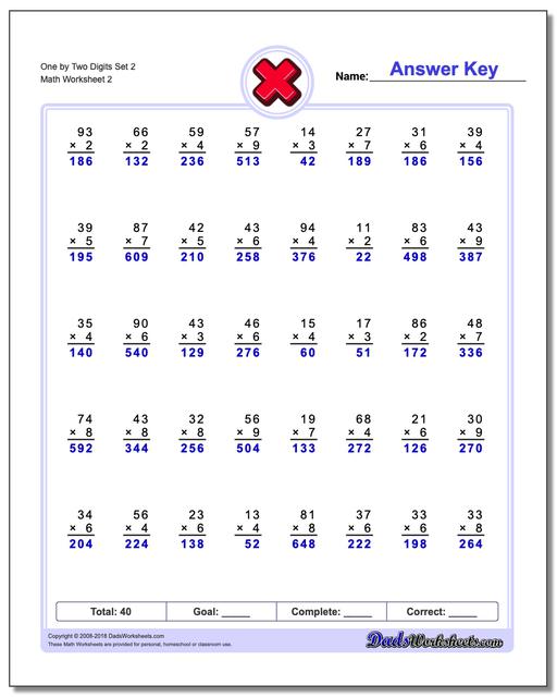 One by Two Digits Set 2 www.dadsworksheets.com/worksheets/multiplication.html Worksheet