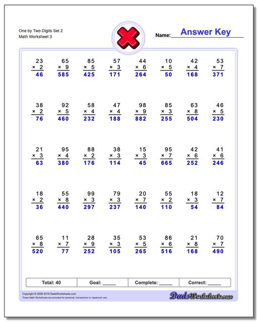 One by Two Digits Set 2 Worksheet