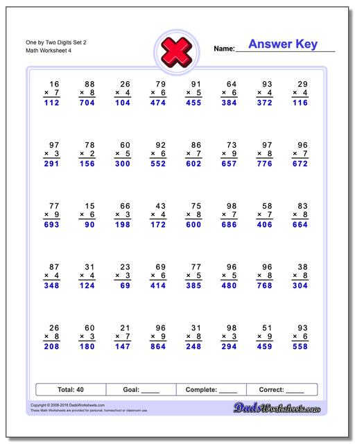 One by Two Digits Set 2 Worksheet