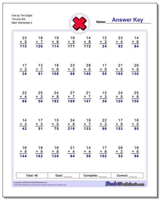 One by Two Digits 10s and 20s www.dadsworksheets.com/worksheets/multiplication.html Worksheet