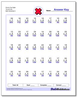 One by Two Digits 10s and 20s Worksheet