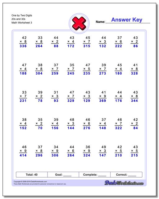 One by Two Digits 20s and 30s Worksheet