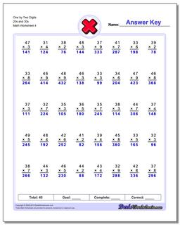 One by Two Digits 20s and 30s Worksheet