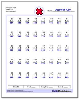 One by Two Digits 40s and 50s Multiplication Worksheet