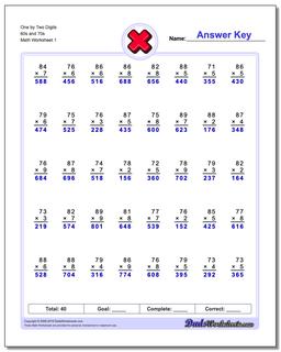 One by Two Digits 60s and 70s Multiplication Worksheet
