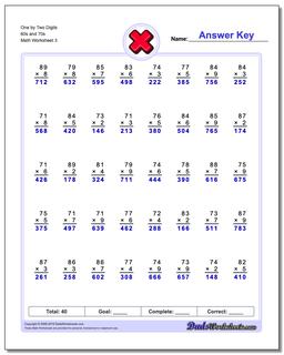 One by Two Digits 60s and 70s Worksheet