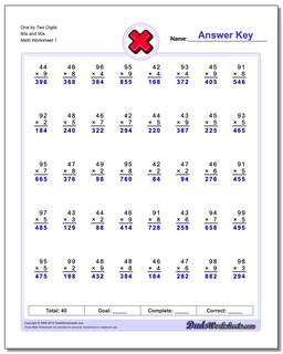 One by Two Digits 80s and 90s Multiplication Worksheet