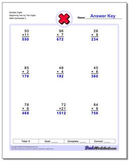 Multiple Digits Beginning Two by Two Digits Worksheet