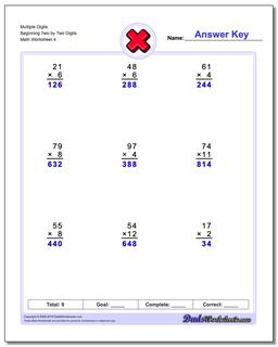 Multiple Digits Beginning Two by Two Digits Worksheet