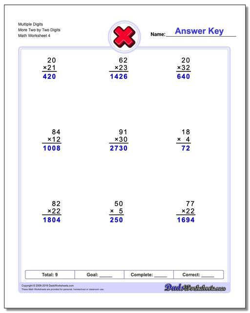 Multiple Digits More Two by Two Digits Worksheet