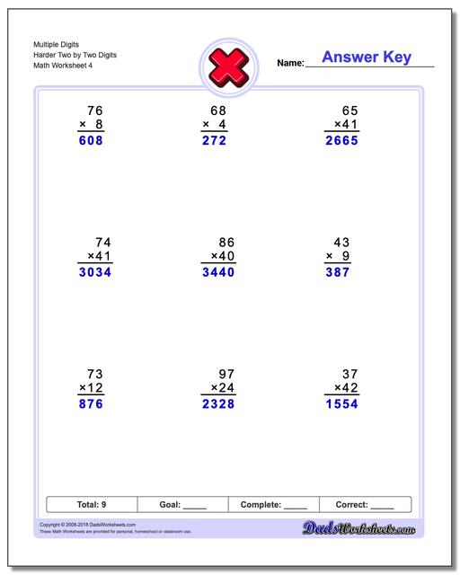 Multiple Digits Harder Two by Two Digits Worksheet