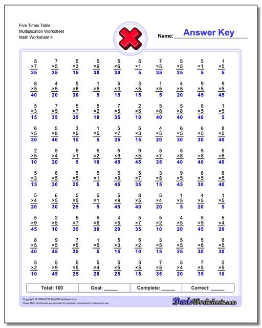 Five Times Table Multiplication Worksheet