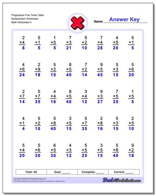 Progressive Five Times Table Multiplication Worksheet