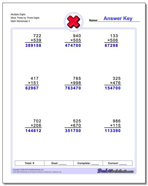 Multiple Digits More Three by Three Digits Worksheet