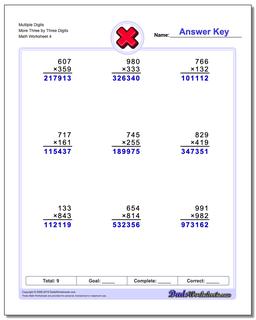 Multiple Digits More Three by Three Digits Worksheet