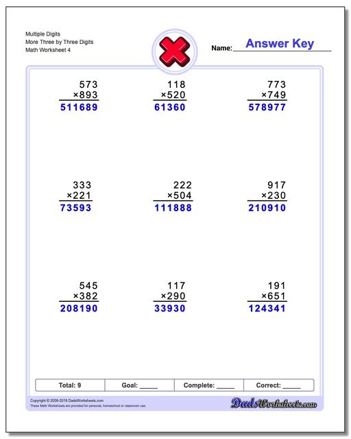 Multiple Digits More Three by Three Digits Worksheet