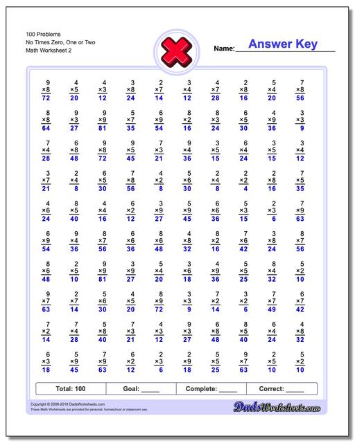 100 Problems Worksheet No Times Zero, One or Two www.dadsworksheets.com/worksheets/multiplication.html