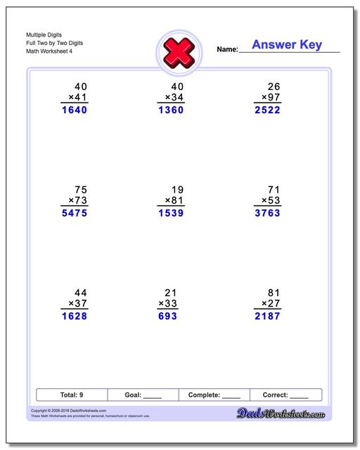 Multiple Digits Full Two by Two Digits Worksheet