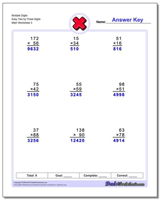 Multiple Digits Easy Two by Three Digits Worksheet