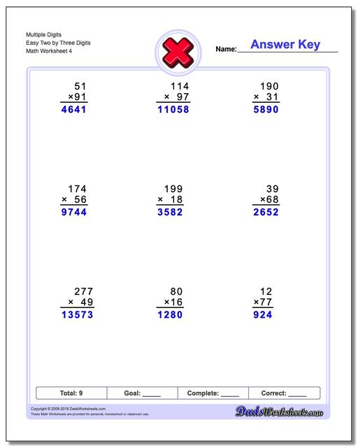 Multiple Digits Easy Two by Three Digits Worksheet