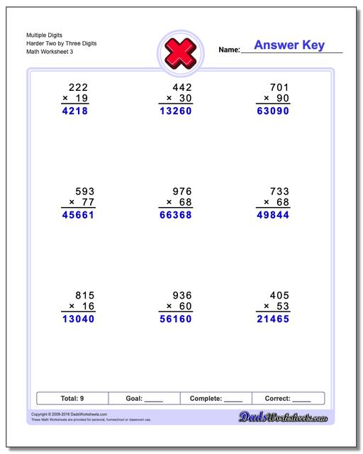 Multiple Digits Harder Two by Three Digits Worksheet
