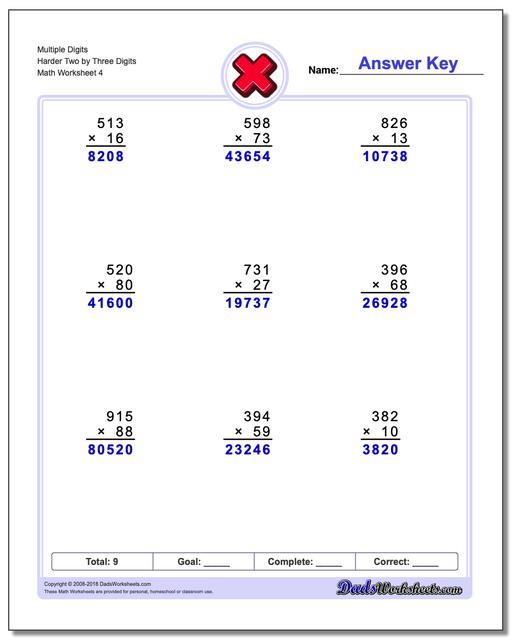 Multiple Digits Harder Two by Three Digits Worksheet