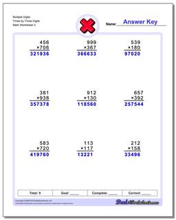 Multiple Digits Three by Three Digits Worksheet