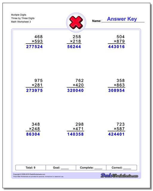 Multiple Digits Three by Three Digits Worksheet