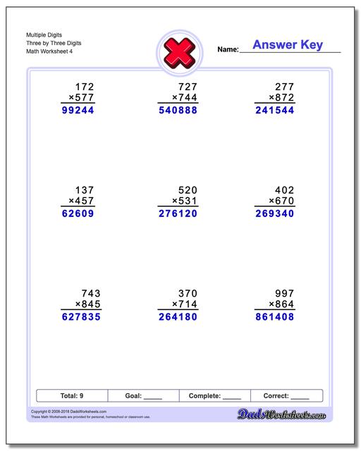 Multiple Digits Three by Three Digits Worksheet