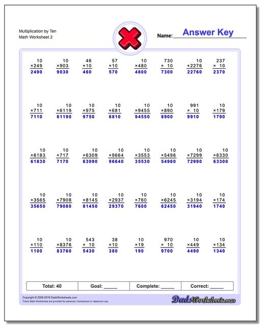 Multiplication Worksheet by Ten www.dadsworksheets.com/worksheets/multiplication.html