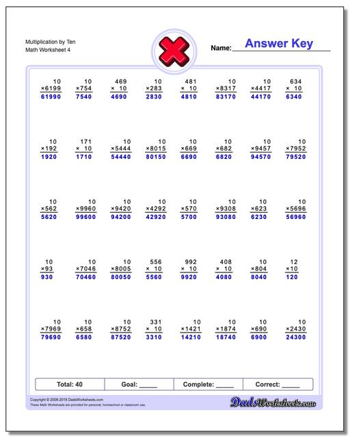 Multiplication Worksheet by Ten