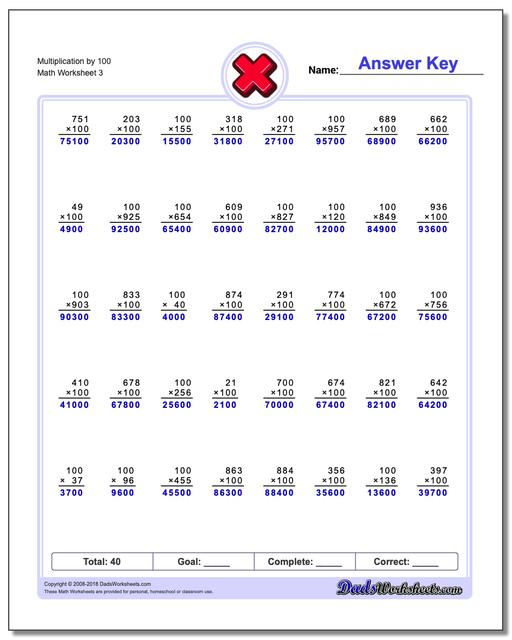 Multiplication Worksheet by 100
