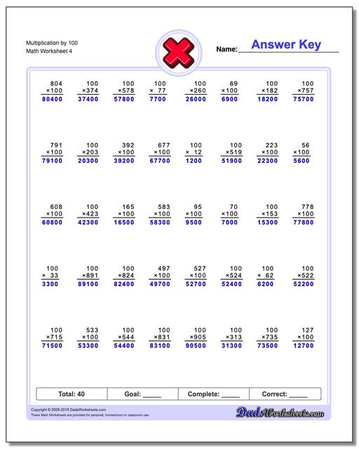 Multiplication Worksheet by 100