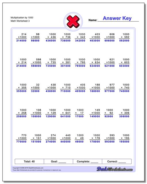 Multiplication Worksheet by 1000