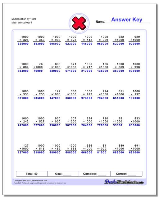 Multiplication Worksheet by 1000