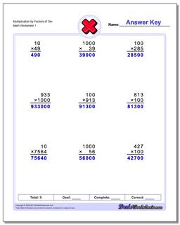 Multiplication Worksheet by Factors of Ten