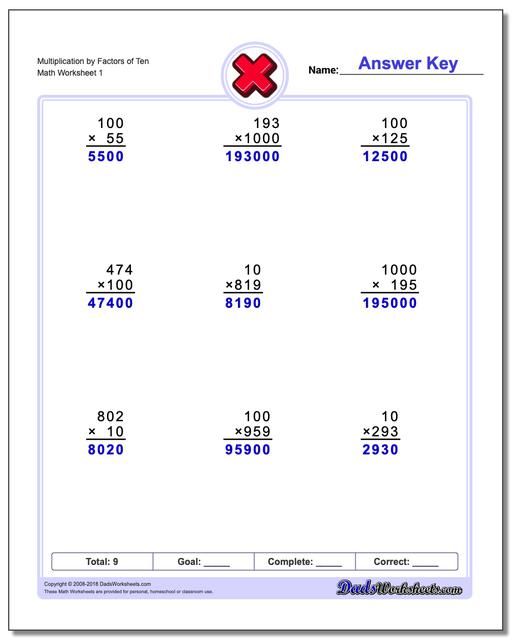 Multiplication By Factors Of 10 Worksheet