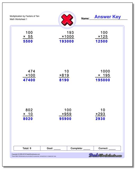 Multiplication Worksheet by Factors of Ten