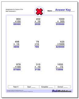Multiplication Worksheet by Factors of Ten