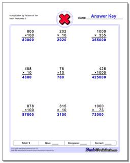 Multiplication Worksheet by Factors of Ten