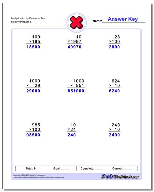 Multiplication Worksheet by Factors of Ten