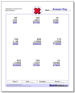Multiplication Worksheet by Factors of Ten