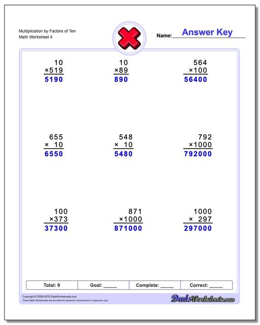 Multiplication Worksheet by Factors of Ten