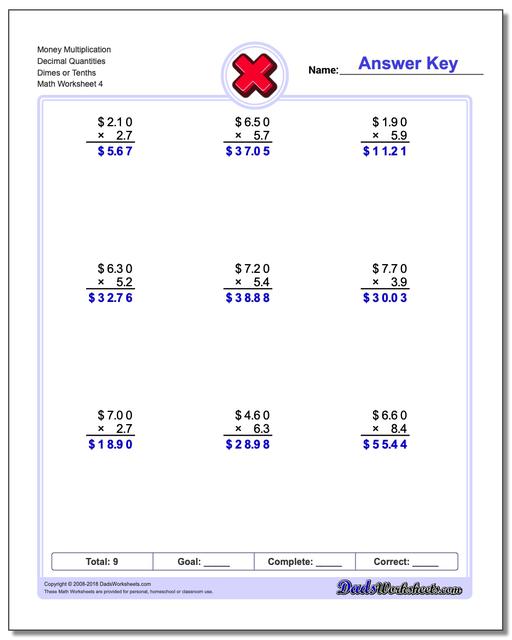 Money Multiplication Worksheet Decimal Quantities Dimes or Tenths